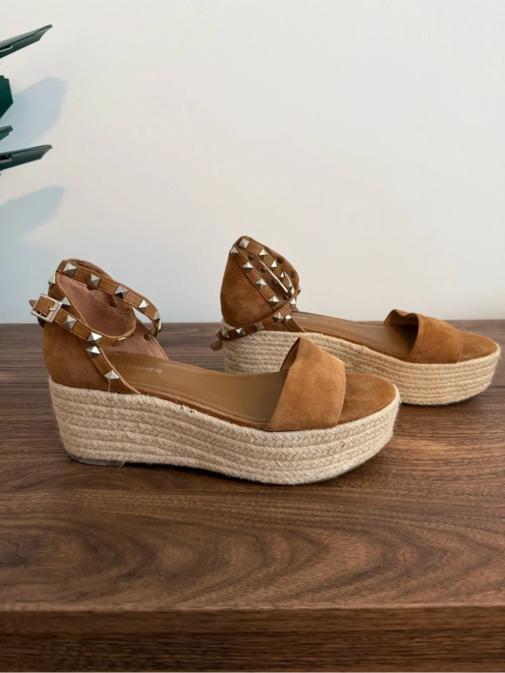 Marc Fisher Tan Suede Studded Ankle-Strap Espadrille Wedges